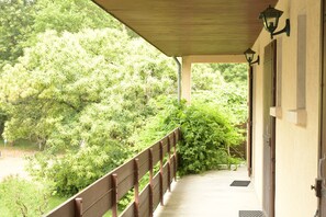 Eine überdachte Veranda mit Geländer, einer Tür und Blick auf einen üppigen grünen Wald.