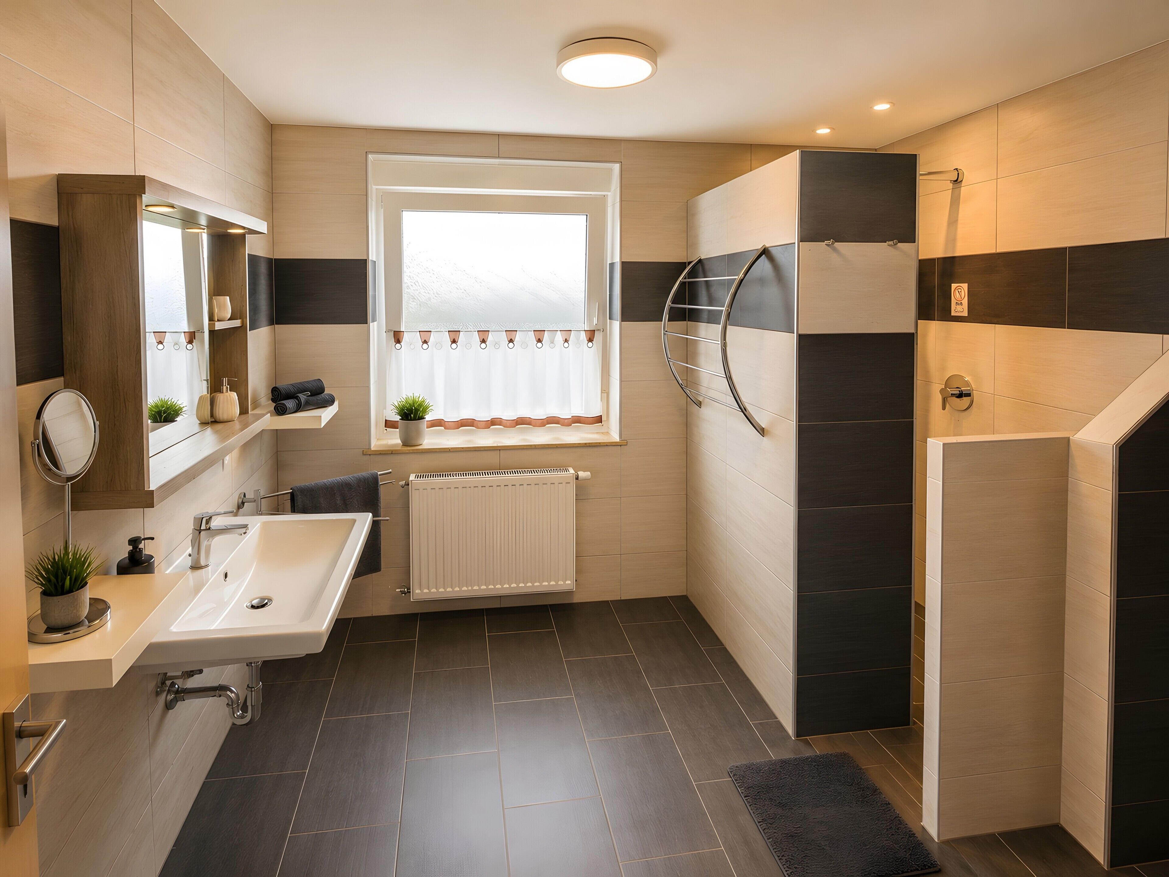 Un baño moderno con lavamanos, espejo, toallero, ventana y ducha.