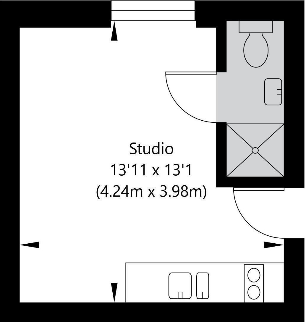 A studio room layout with dimensions 13'11 x 13'1 (4.24m x 3.98m), including a toilet, sink, and a small enclosed area.