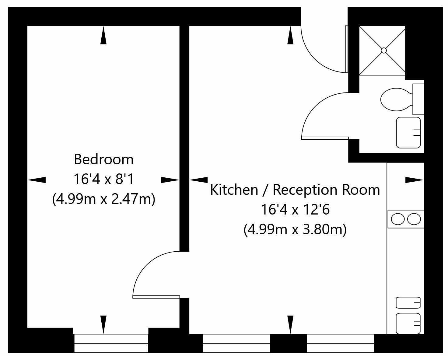 Grundriss eines Schlafzimmers mit den Maßen 4,99 m x 2,47 m sowie einer Küche/Empfangsbereich mit 4,99 m x 3,80 m.