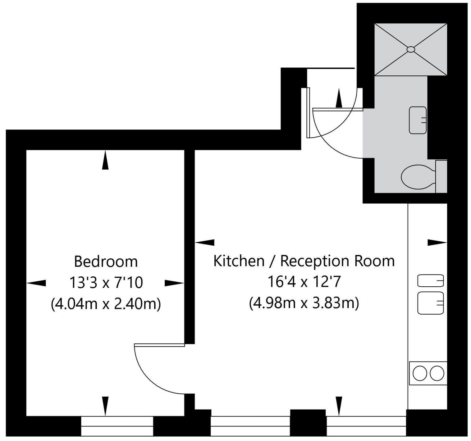 A floor plan with a bedroom measuring 13'3 x 7'10 (4.04m x 2.40m) and a kitchen/reception room measuring 16'4 x 12'7 (4.98m x 3.83m).
