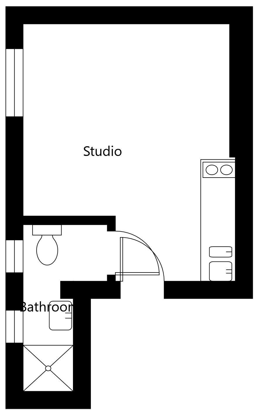 A floor plan with a studio and a bathroom.