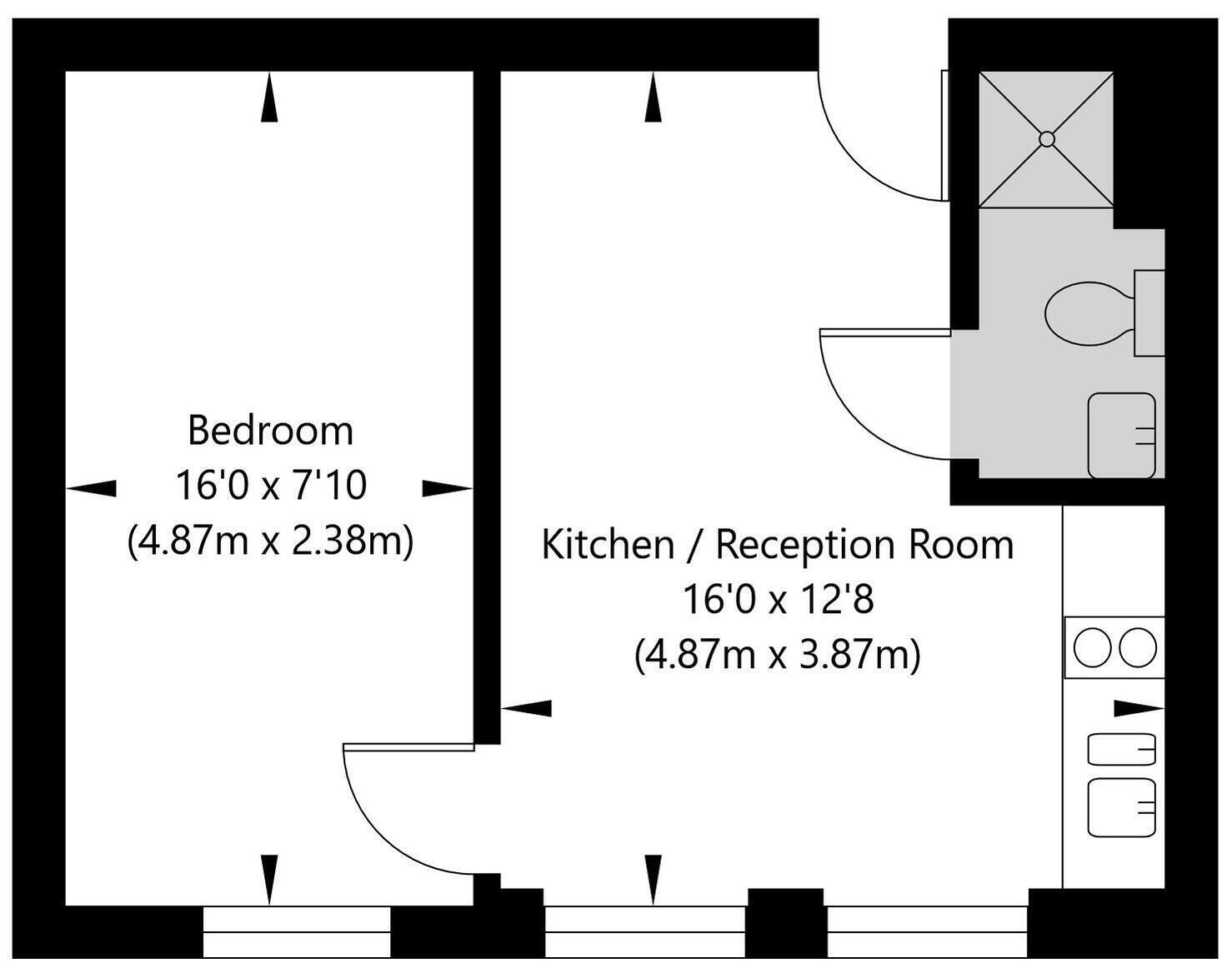 Plano de planta que muestra un dormitorio de 4,87 por 2,38 metros y una cocina/sala de recepción de 4,87 por 3,87 metros.