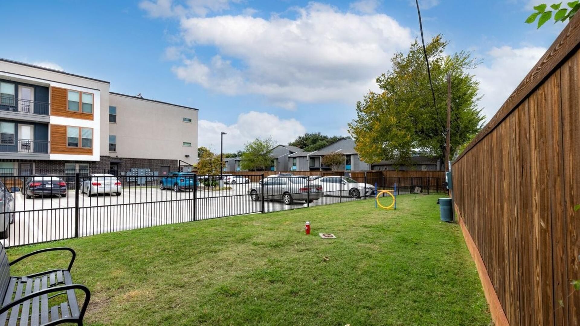 A residential area with a fenced backyard, a grassy lawn, a wooden fence, and a row of parked cars.
