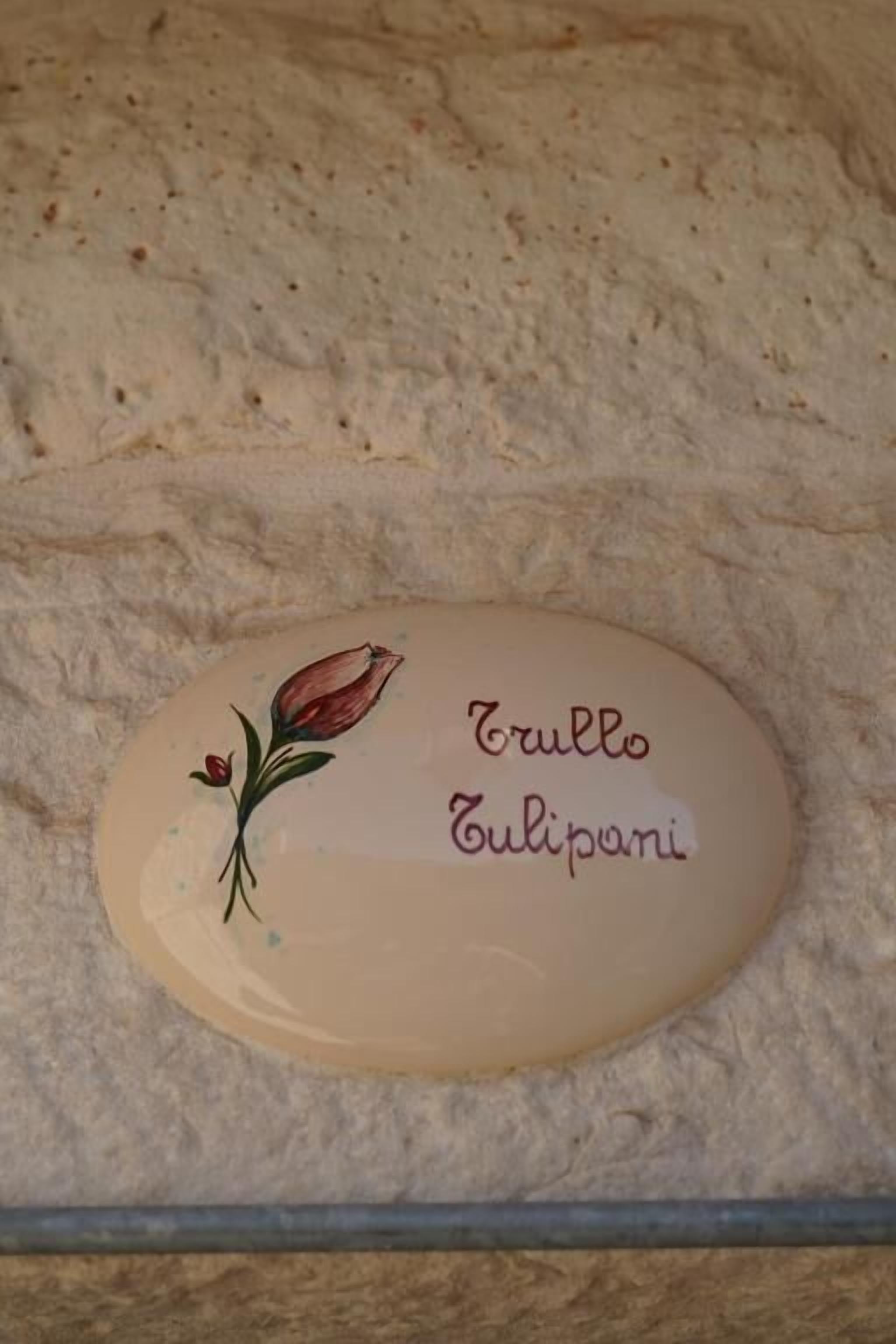 Una targa ovale decorativa raffigura un tulipano e presenta il testo 'Trullo Culiponi' su una parete strutturata.