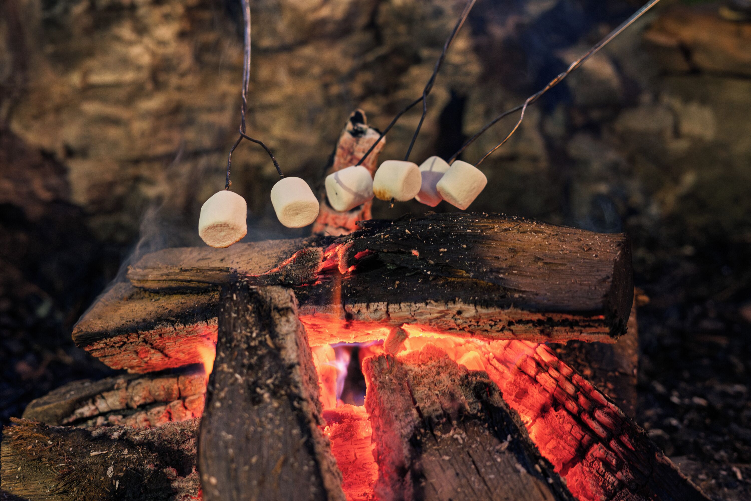 Een kampvuur met marshmallows die er boven roosteren.