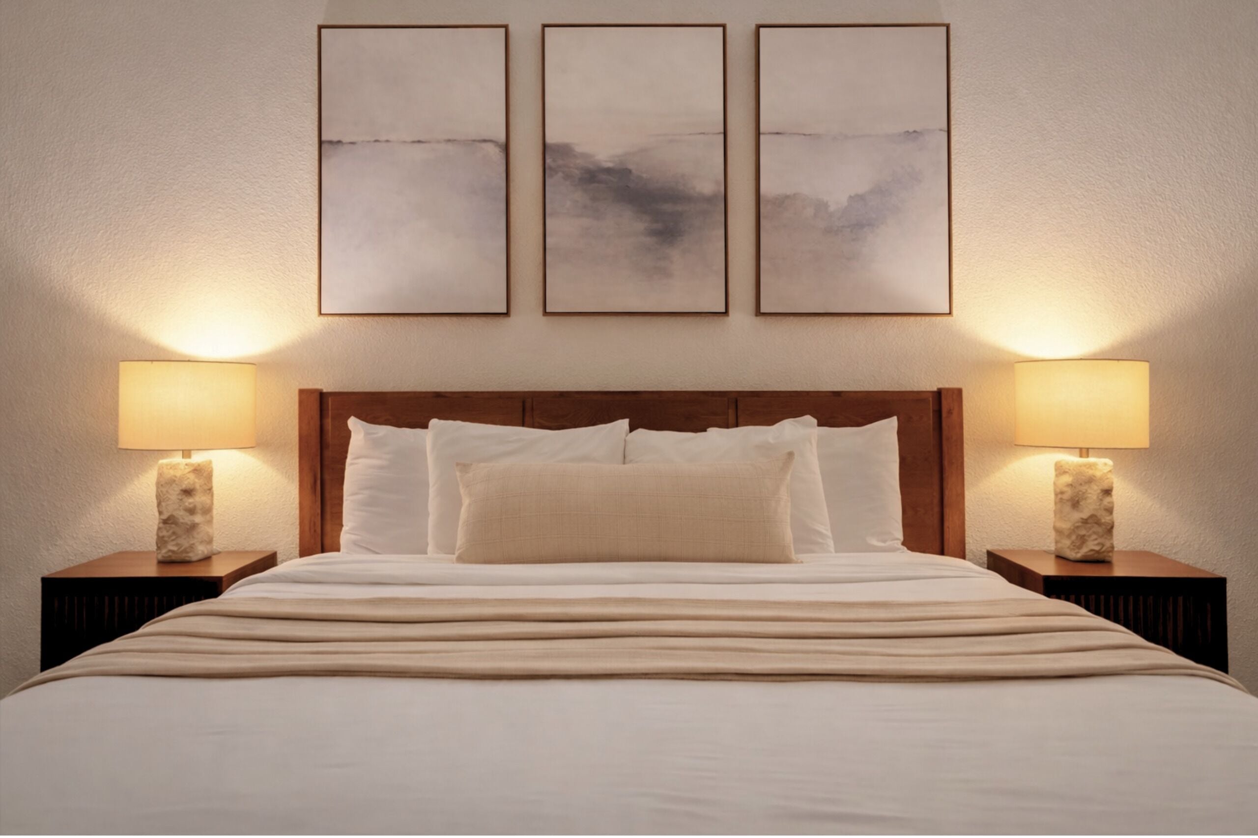 Une chambre d’hôtel avec un grand lit, deux lampes de chevet et trois œuvres d’art encadrées accrochées au mur.