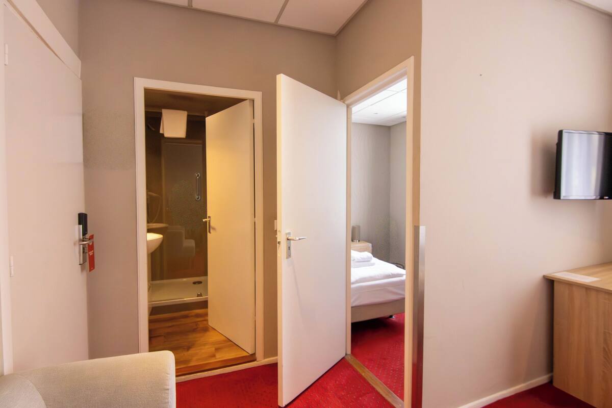 Una habitación de hotel con piso de madera, alfombra roja, cama, televisor montado en la pared y baño visible a través de una puerta abierta.