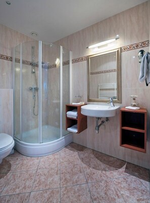 A bathroom with a glass-enclosed shower, a sink with a mirror, and a toilet. - Grand Hotel Monopole (Valkenburg aan de Geul)