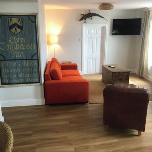 Living area - New beach front sea view apartment superking or twin. Featured in Netflix series (Deal)