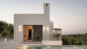 A modern house with a pool, a patio, and a view of the landscape.