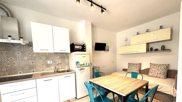 Cocina pequeña con armarios blancos, microondas y lavamanos. Hay una zona de comedor con mesa de madera y sillas turquesa. También se ve un sofá y un televisor.