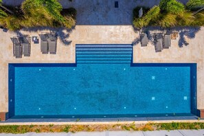 An aerial view of a rectangular swimming pool with a tiled deck, surrounded by palm trees and shaded by a pergola.