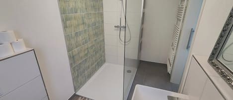 Shower, hair dryer, towels, soap