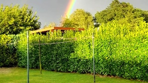 A garden with a hedge, a wooden structure, and a rainbow. - Charmante Ferienwohnung mit Grill in Rakow (Am Salzhaff)