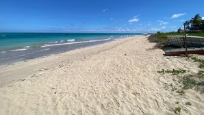 A beach with clear blue water, a sandy shore, and some vegetation. - Nawa 01 com piscina privativa by LP (Tamandaré)