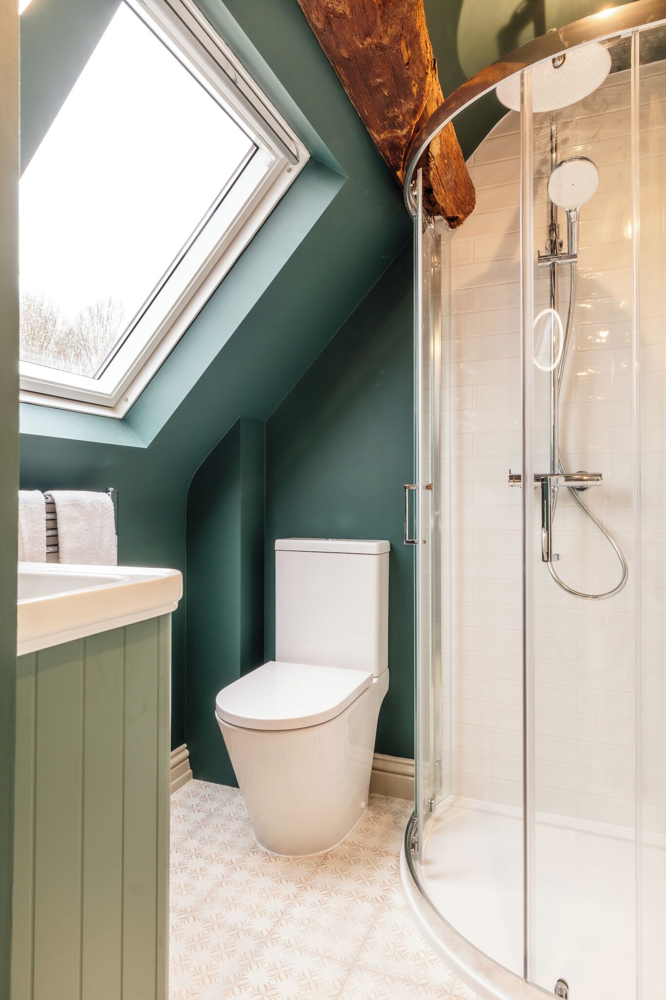 A bathroom with a skylight, a toilet, a shower, and a green wall.