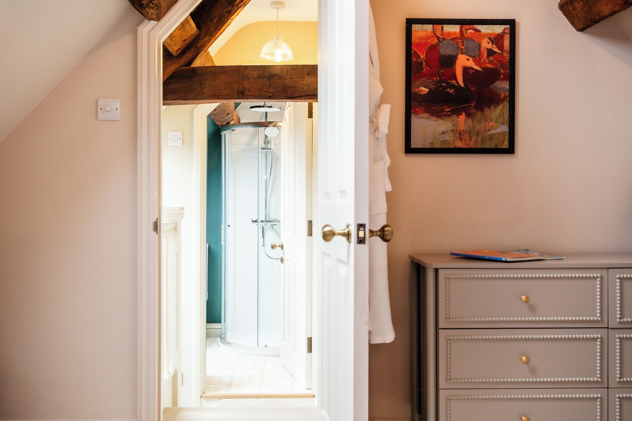 An open doorway leading to a bathroom with a shower, a towel hanging on the wall, and a dresser with drawers.