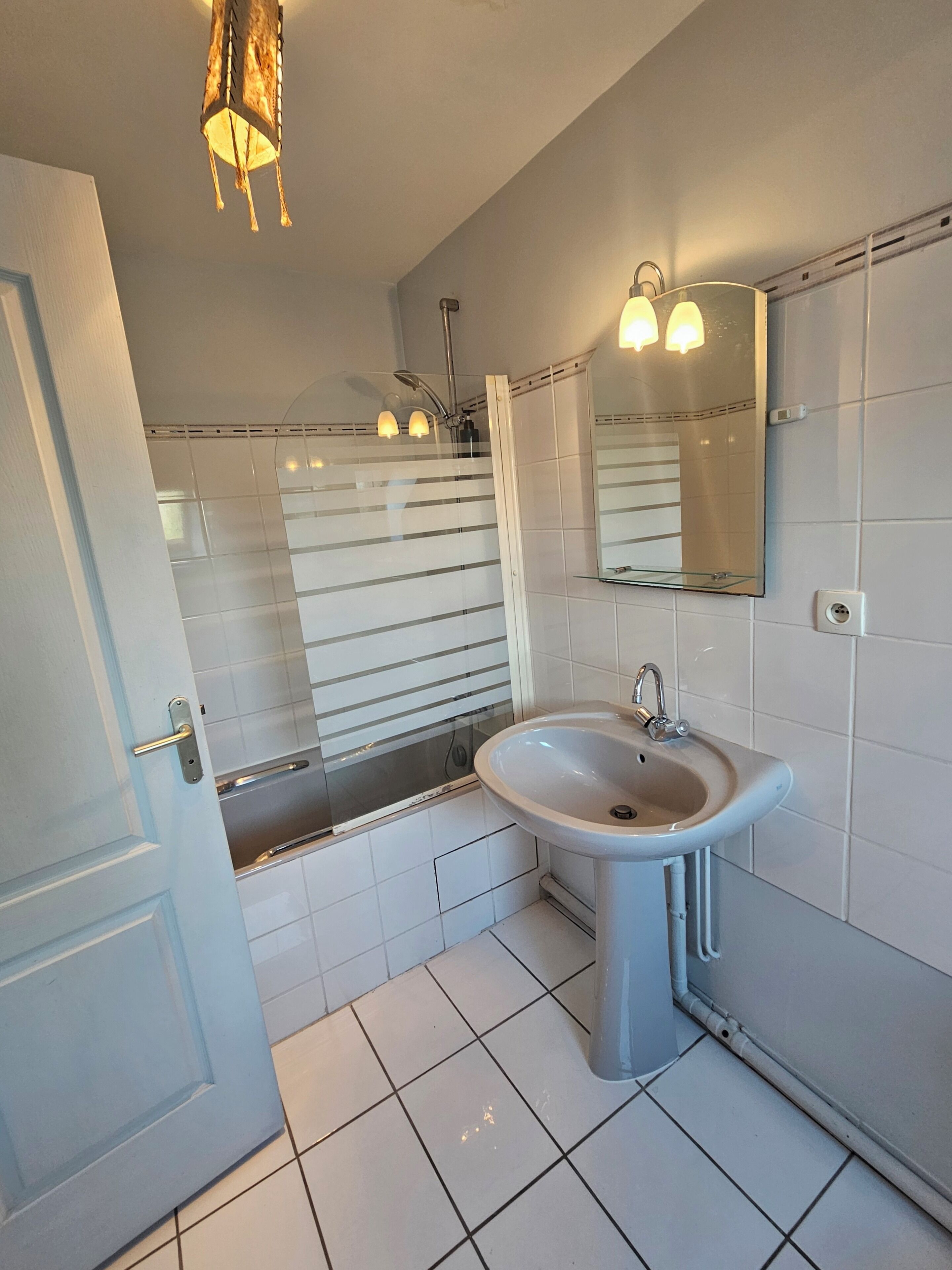 Une salle de bain avec un lavabo blanc, une cabine de douche en verre, un miroir et une porte.