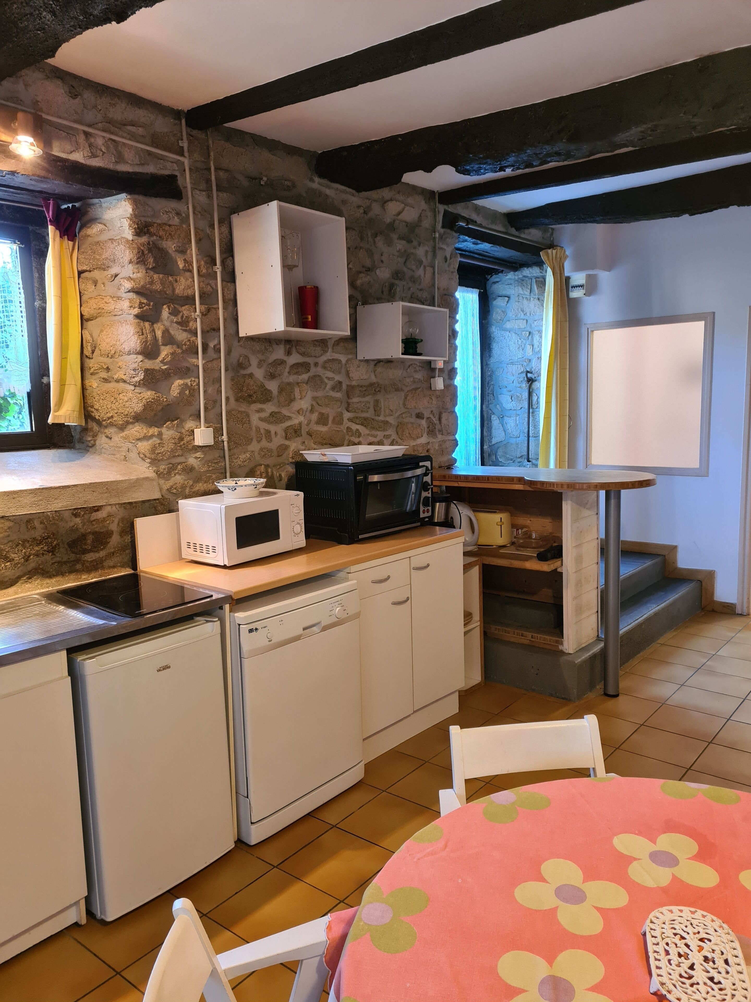 Une cuisine compacte avec des murs en pierre, un four à micro-ondes, un grille-pain et un évier.
