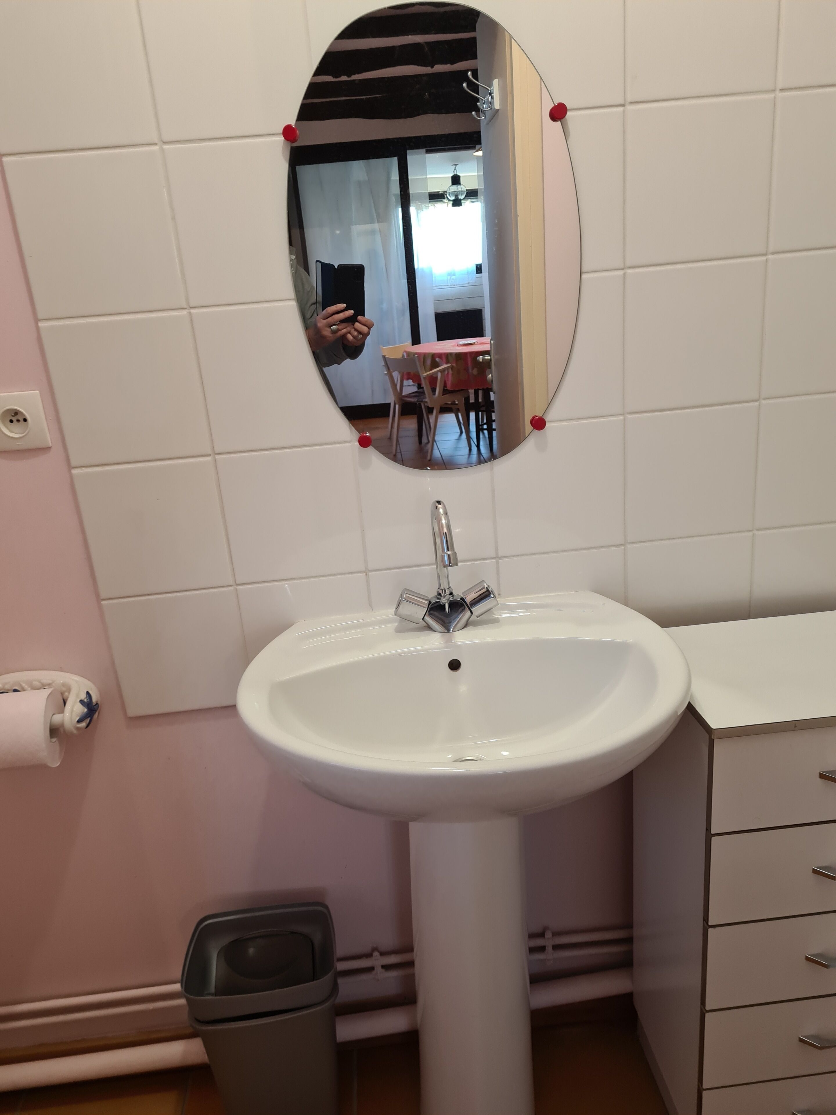 A bathroom with a white sink, a mirror, a trash bin, and a pink wall.