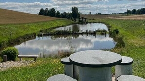 A tranquil outdoor setting with a pond, a wooden bench, and a stone table with chairs. - Large holiday home with a jacuzzi on the terrace (Kościerzyna)