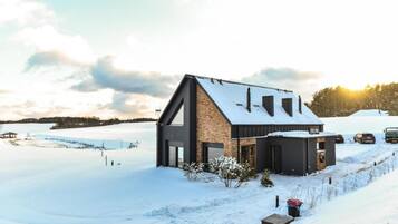 Ett modernt hus med ett sluttande tak, en fasad av tegel och ett garage.