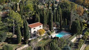 Un'ampia casa circondata da alberi alti, con una piscina.