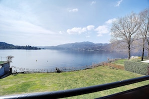 Blick auf ein Seeufer mit einer Wiese, einem Baum und einem Gebäude im Hintergrund.