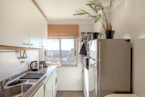 Una cocina funcional con lavadora, refrigerador, ventana con vista a edificios y una planta en maceta.