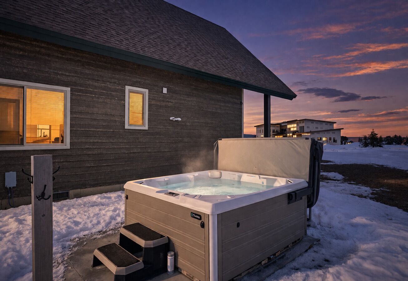 A hot tub outside a house with steps leading up to it, a wooden fence, and a snowy ground.