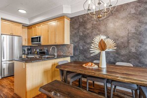 Fridge, microwave, oven, stovetop - Mountain Chic | 2BR Family Escape | Hot Tub + Pool (Canmore)