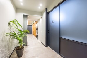 Un couloir avec une plante en pot, une porte bleue et un meuble en bois à l’arrière-plan.
