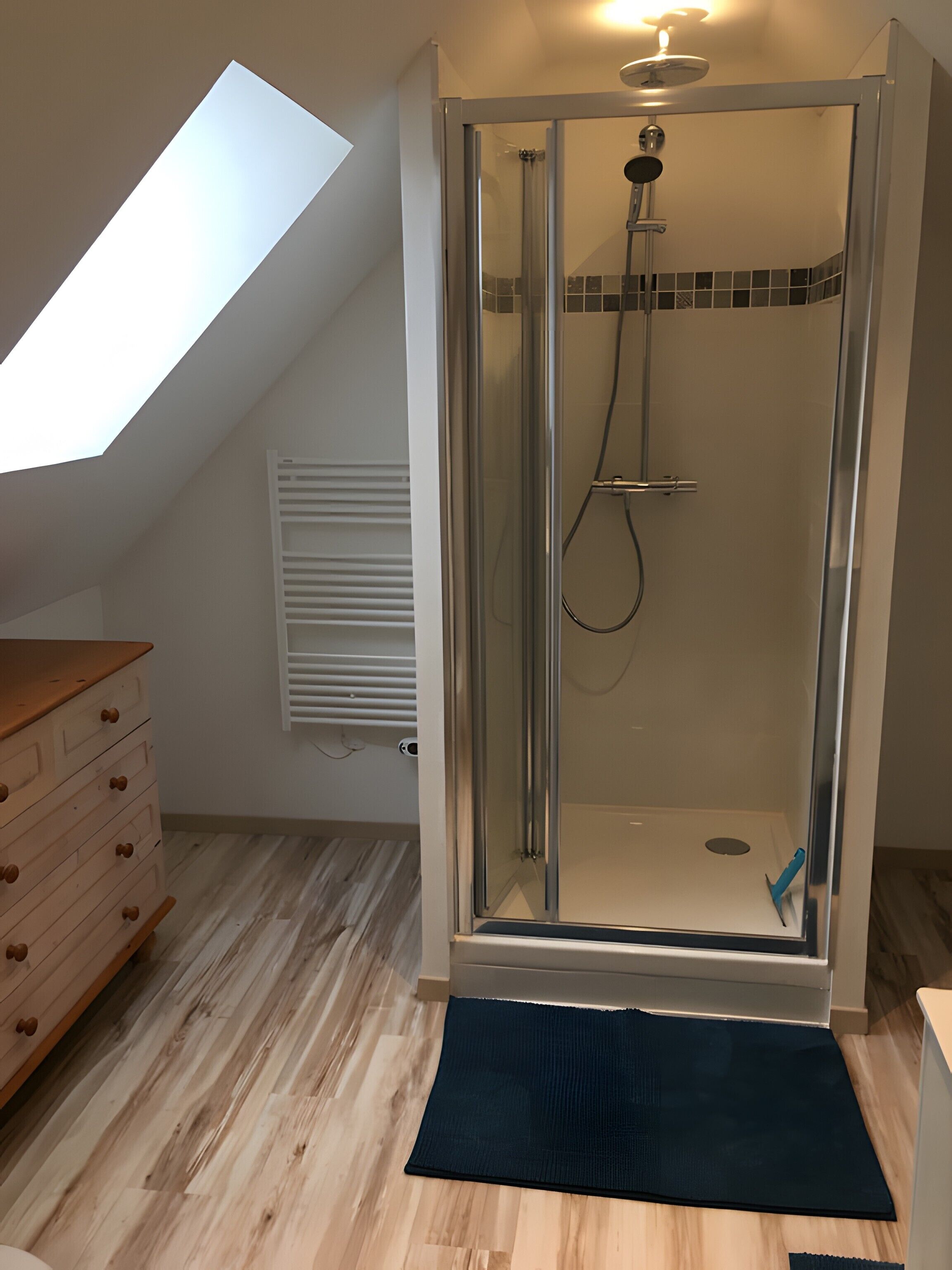 A shower with a glass door, a wooden dresser, and a skylight.