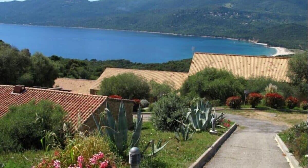 A residential area with terracotta-roofed buildings, a paved pathway, and a view of a lake and beach.
