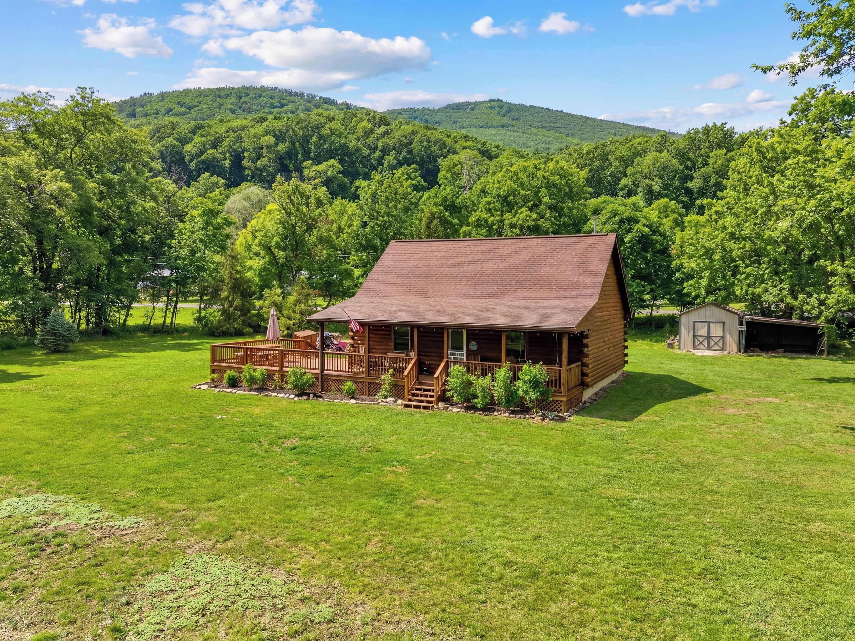 A wooden cabin with a porch, surrounded by a grassy field and trees, with a mountain in the background.
