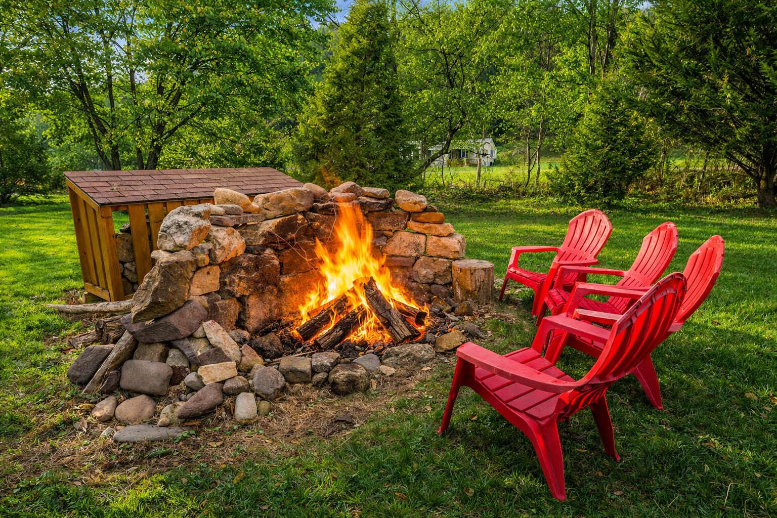 A stone fire pit with logs, surrounded by red Adirondack chairs, set in a grassy outdoor area with trees in the background.