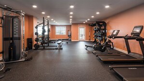 Un gimnasio con diverso equipamiento de ejercicio, incluyendo cintas de correr, máquinas de pesas y una jaula para sentadillas.
