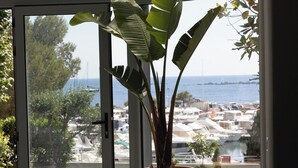 Planta em vaso sobre uma porta de vidro com vista para um porto e barcos.