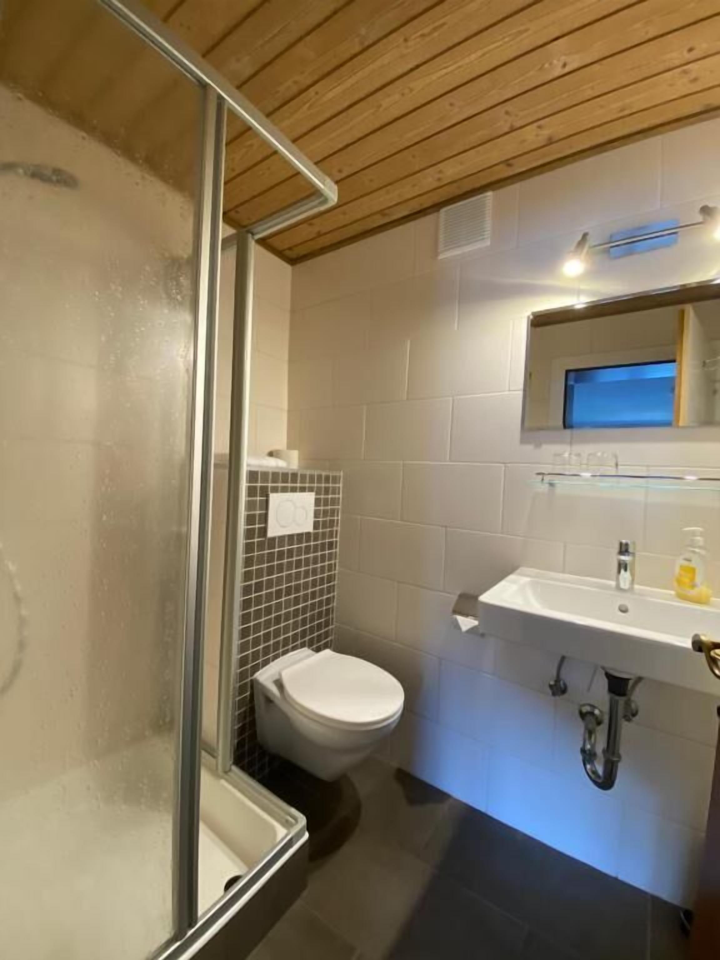 A bathroom with a shower, toilet, sink, and mirror.