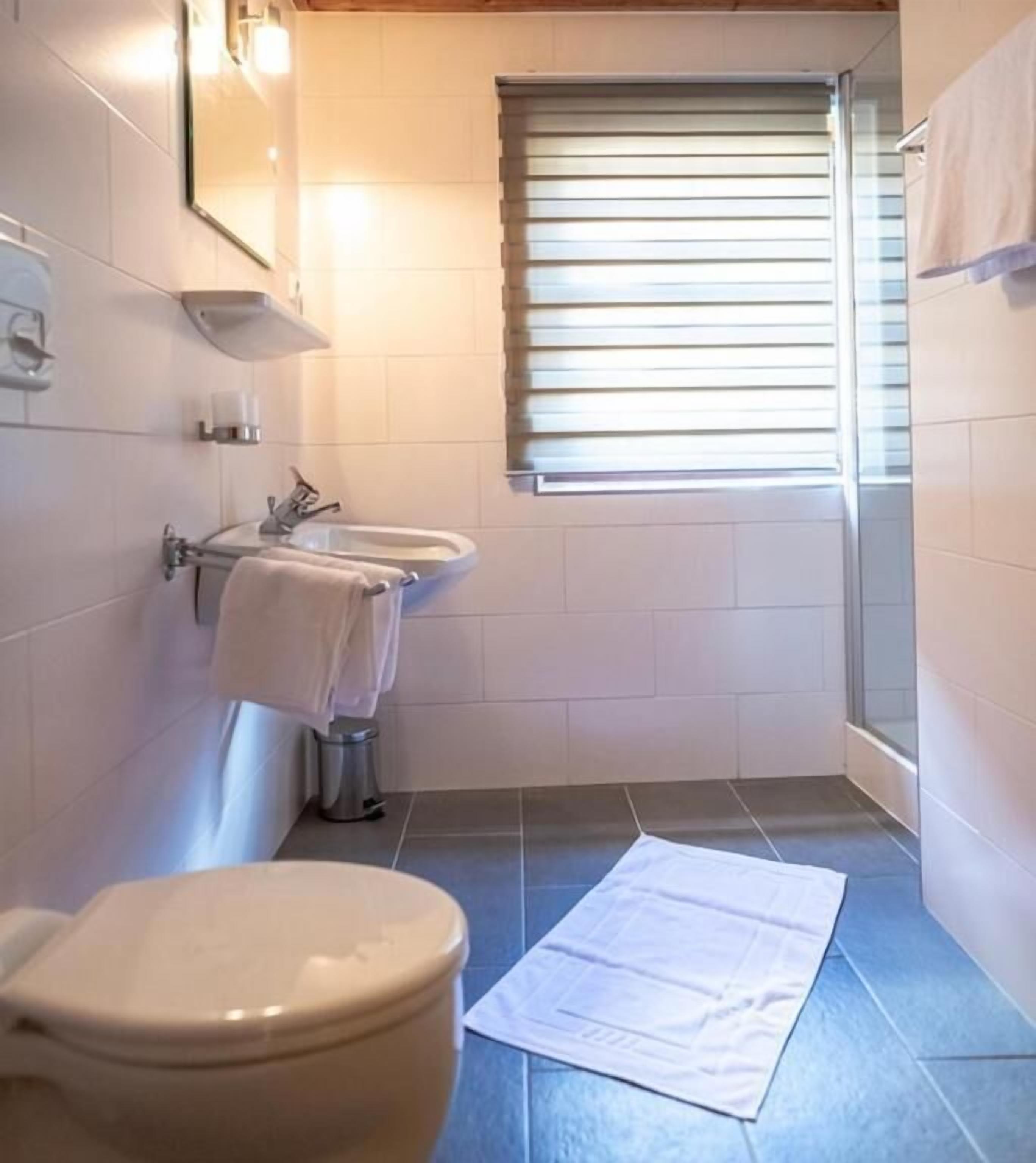 Ein Badezimmer mit Toilette, Waschbecken und Duschbereich.