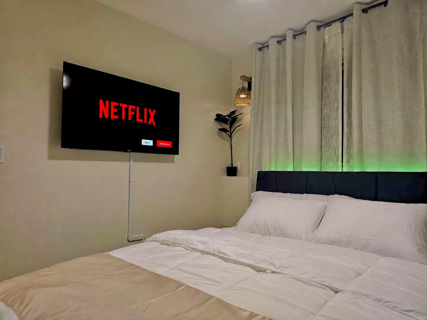 Une chambre d’hôtel avec un lit, un téléviseur fixé au mur affichant le logo de Netflix, une plante en pot et une fenêtre avec des rideaux.