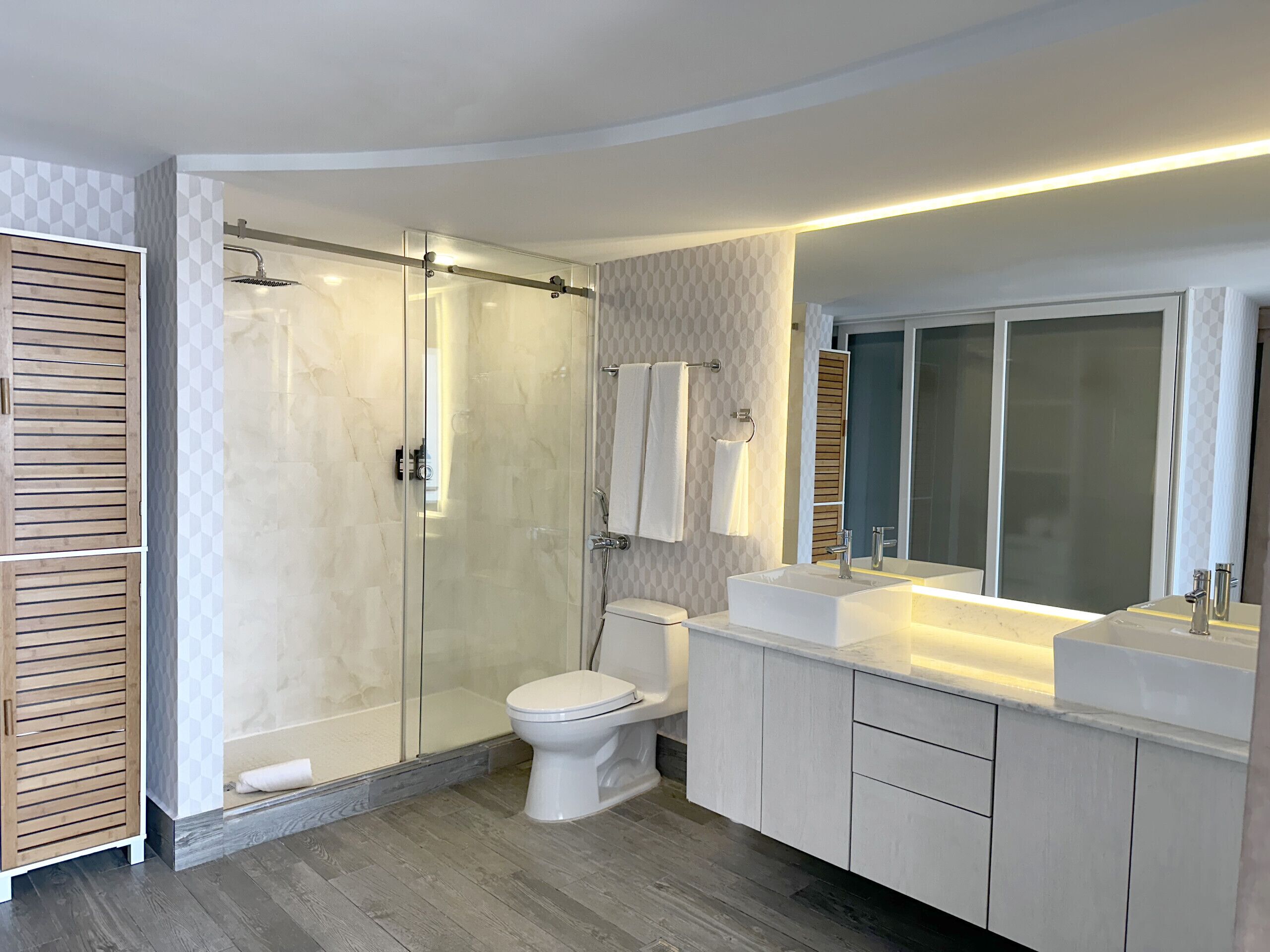 Shower, hair dryer, towels