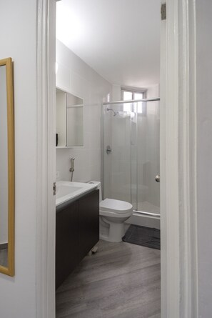 Dusche, Haartrockner, Handtücher, Shampoo