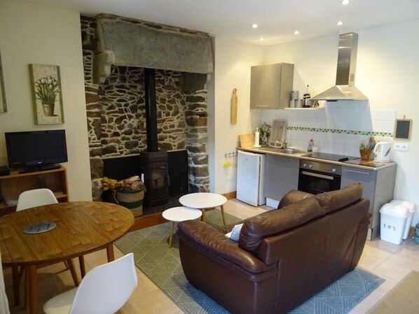 A compact living space with a stone wall, a fireplace, a kitchenette, a brown leather sofa, a dining table, and a television.