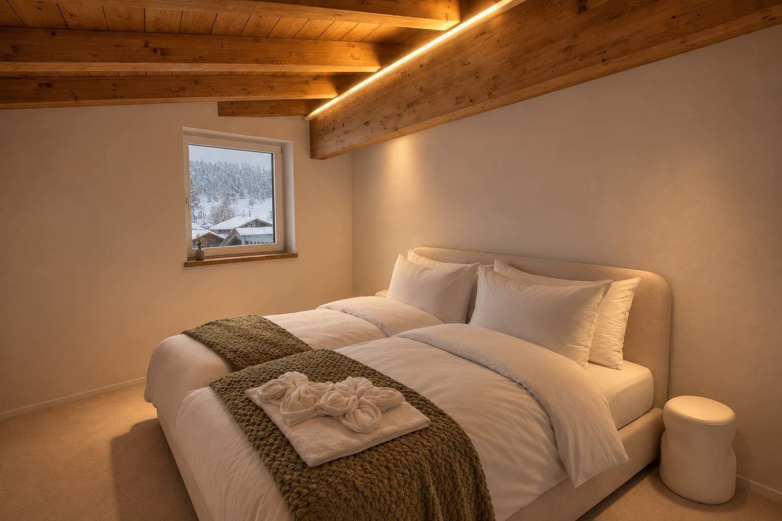 Ein Schlafzimmer mit Holzboden, einem Bett mit weißer Bettwäsche, einem Fenster mit Blick auf Bäume und einem Nachttisch.