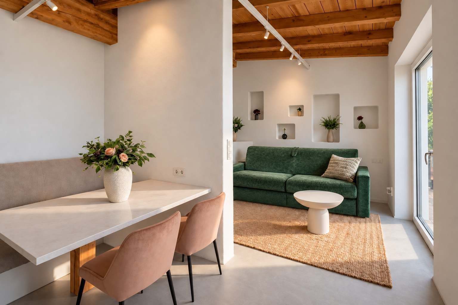 Un espace de vie moderne comprenant un coin repas, un canapé vert et une grande fenêtre laissant entrer la lumière naturelle.