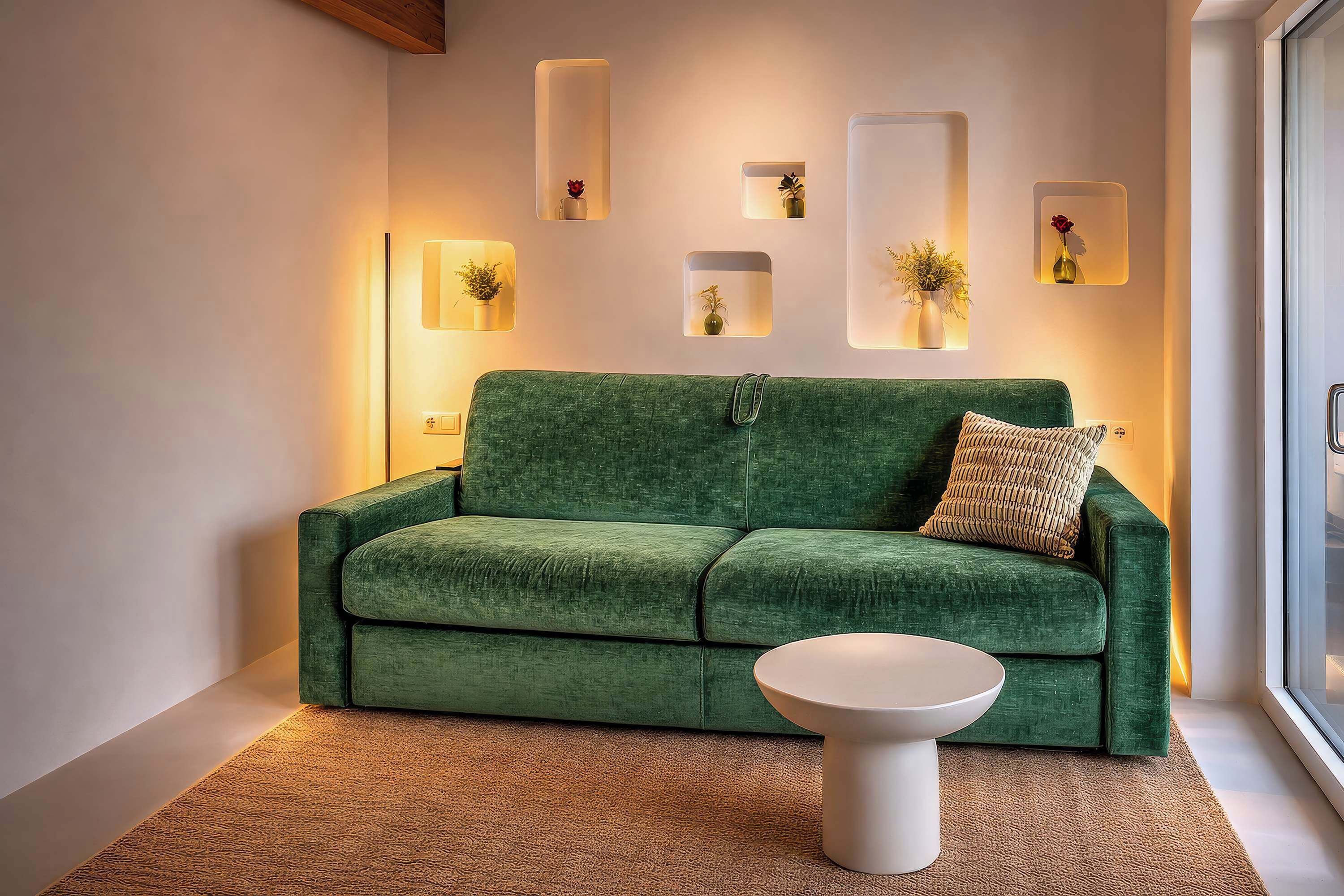 Un canapé vert, une petite table d’appoint blanche, une étagère murale ornée de vases et une fenêtre offrant une belle vue.