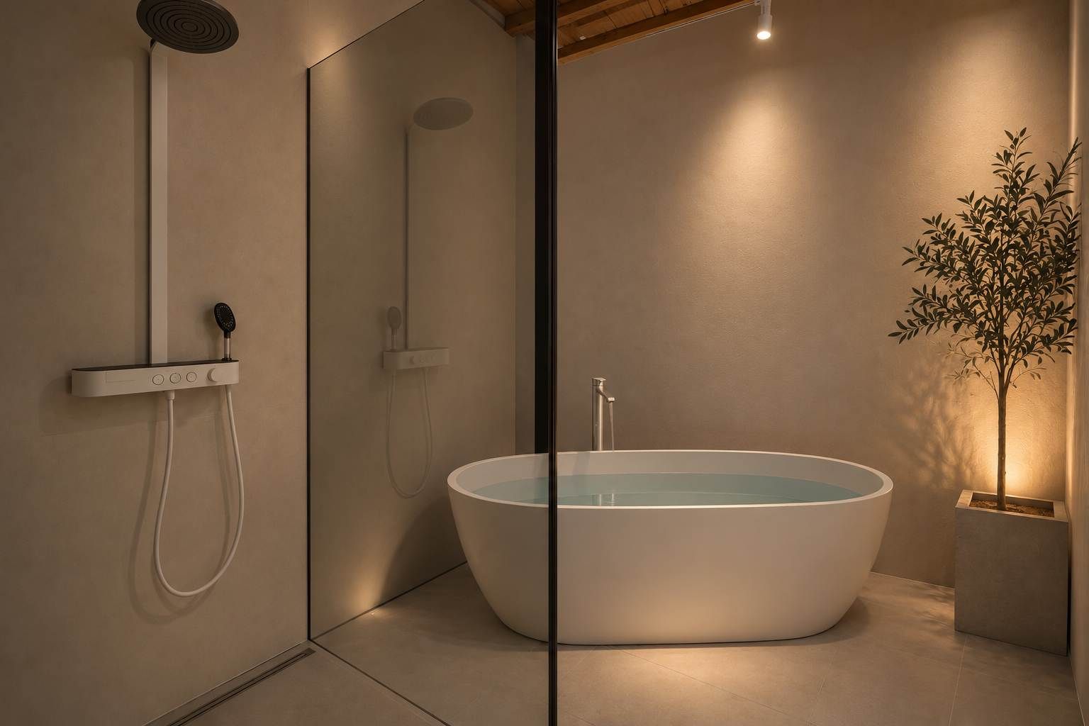Ein modernes Badezimmer mit einer freistehenden Badewanne, einer Duschkabine und einem Blumentopf.