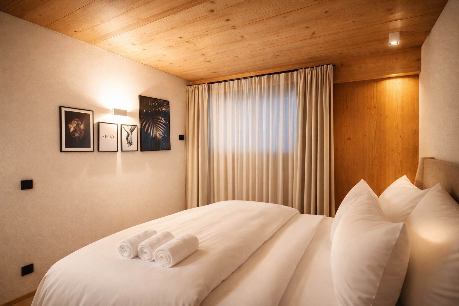 Habitación de hotel con techo de madera, cama con ropa blanca, ventana con cortinas y una obra de arte colgada en la pared.